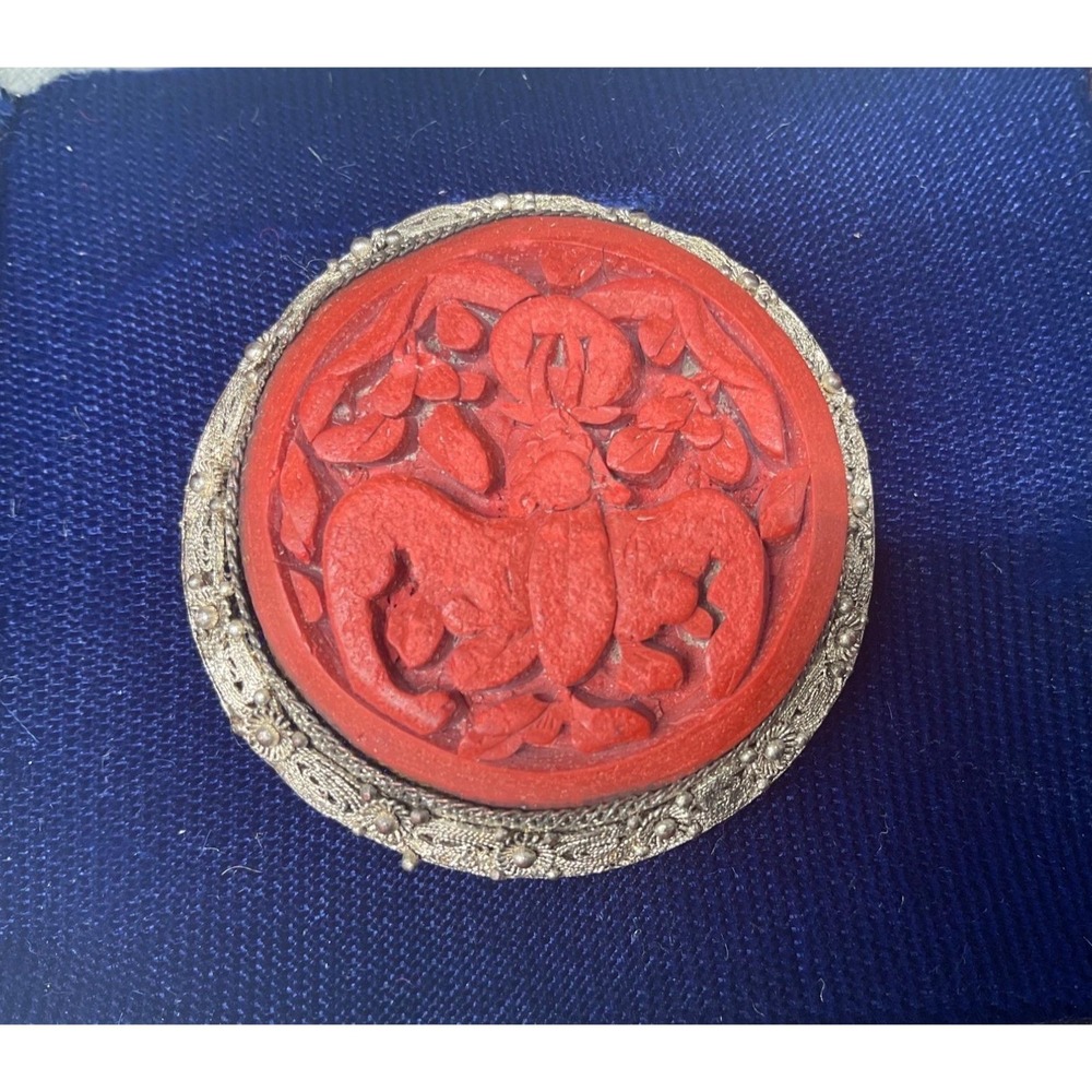 Antique Chinese Cinnabar Dress Clip Red Carved Lacquer Silver Filigree Brooch